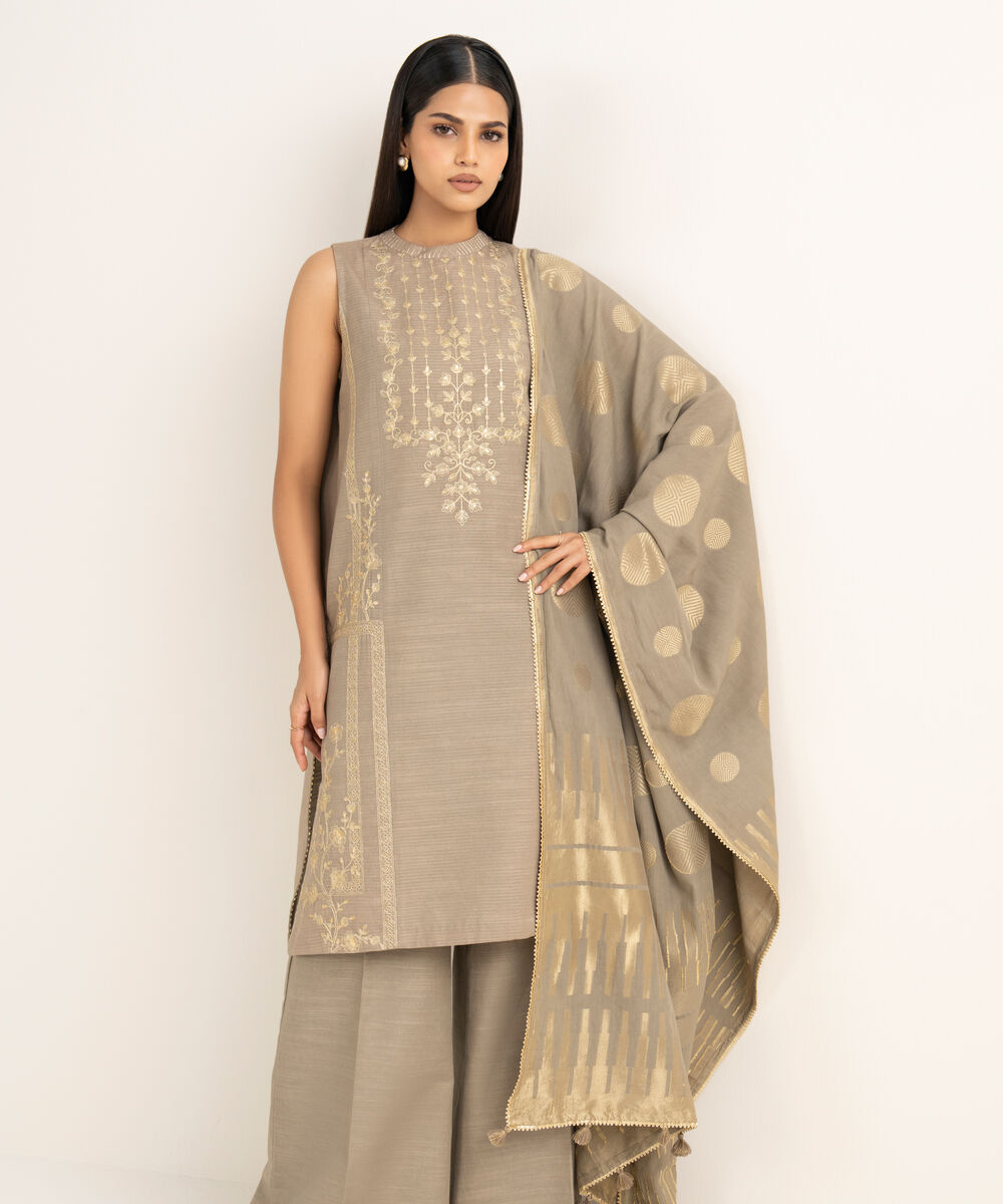 Women's Unstitched Embroidered Zari Khaddar Beige 3 Piece Suit