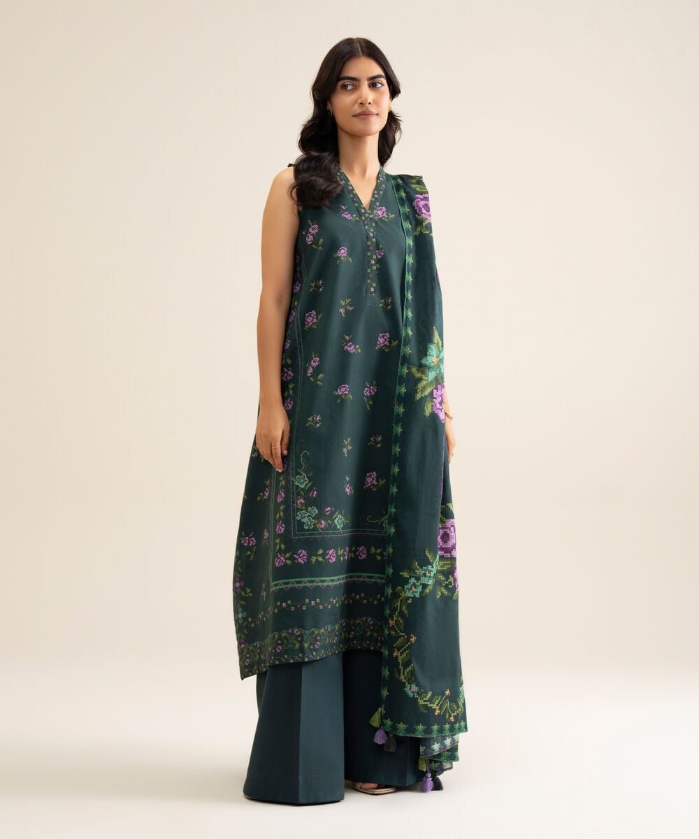 Women's Unstitched Cotton Printed Teal Green 3 Piece Suit