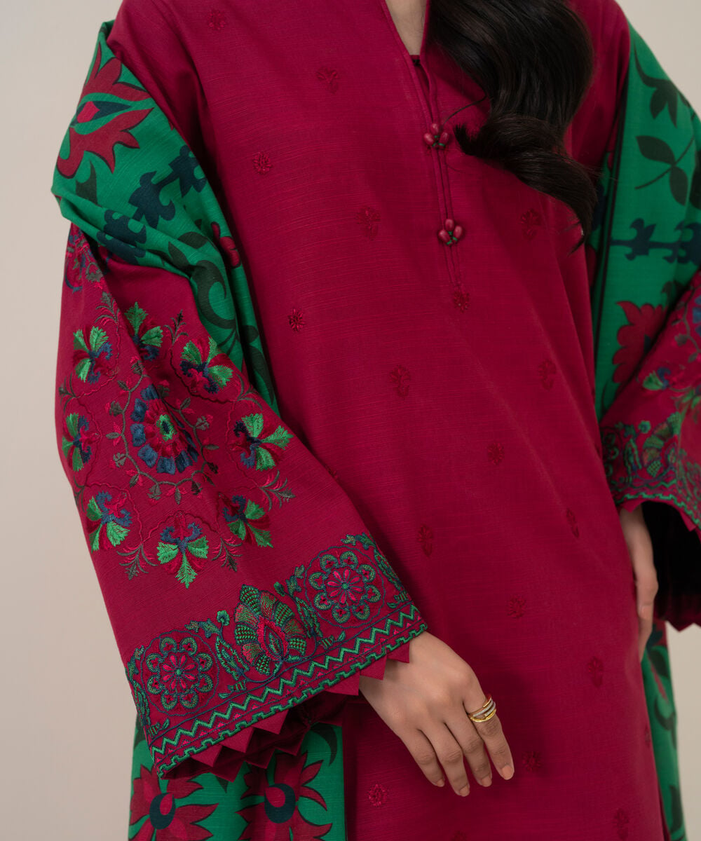 Women's Unstitched Lawn Embroidered Pink 3 Piece Suit