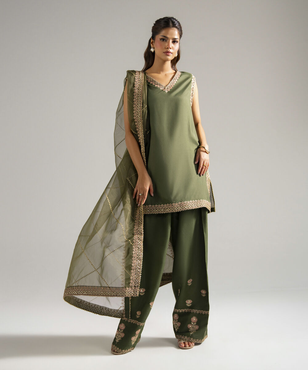 Women's RTW Raw Silk Embroidered Olive Green 3 Piece Suit