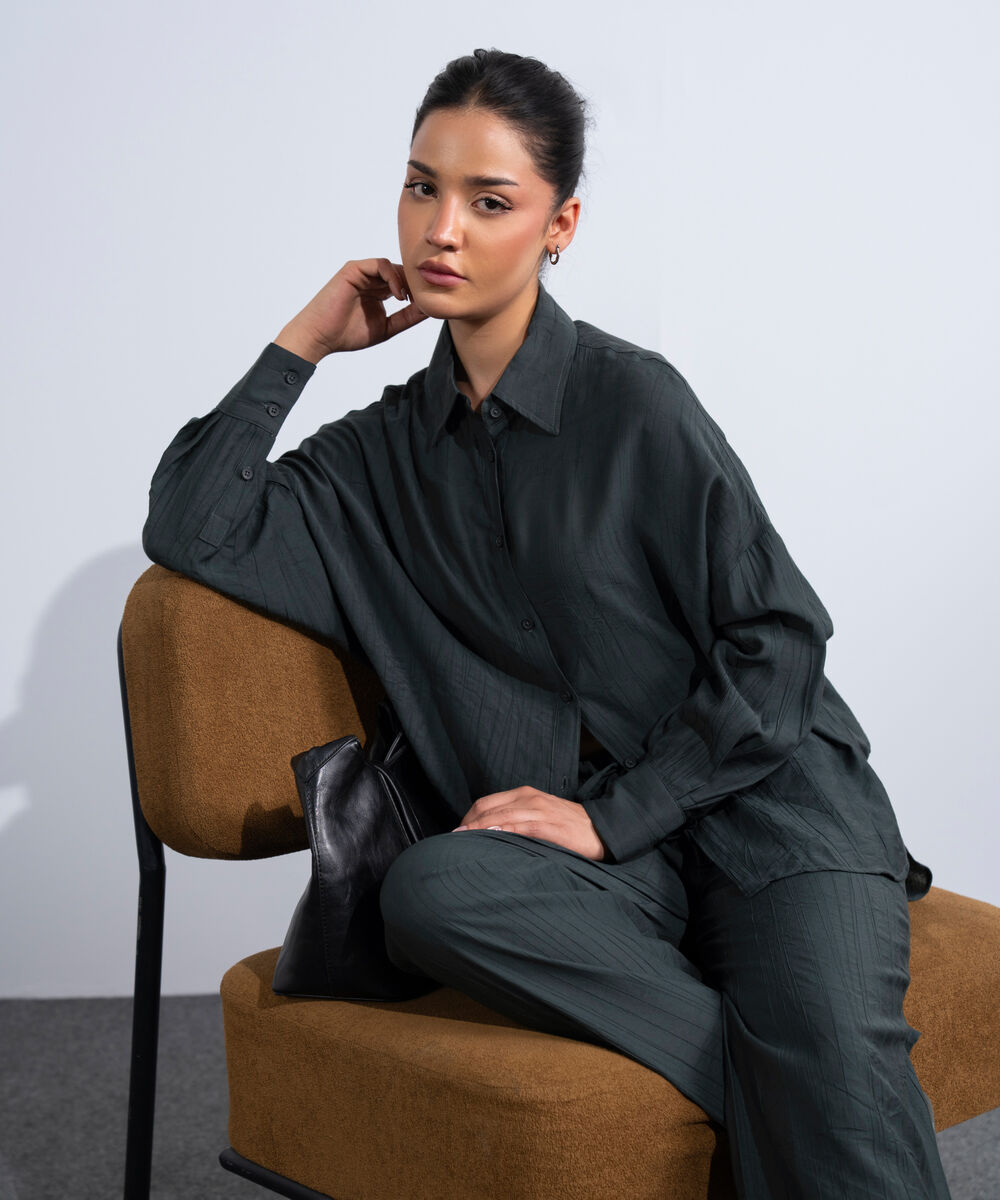 Women's Western Dark Grey Oversized Textured Shirt