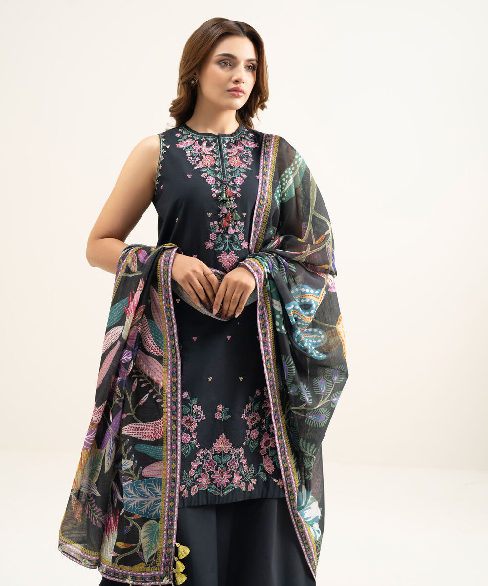 Women's Unstitched Lawn Black Embroidered 3 Piece Suit