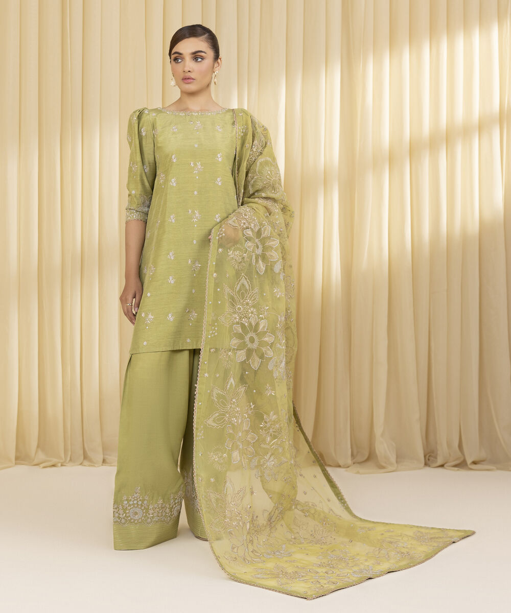 Unstitched Women's Green Raw Silk 3 Piece Suit