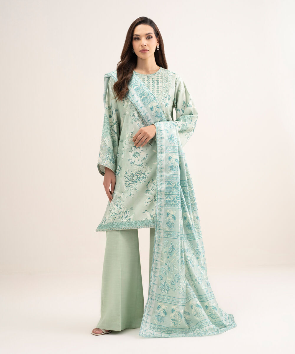 Women's Unstitched Raw Silk Embroidered Green 3 Piece Suit