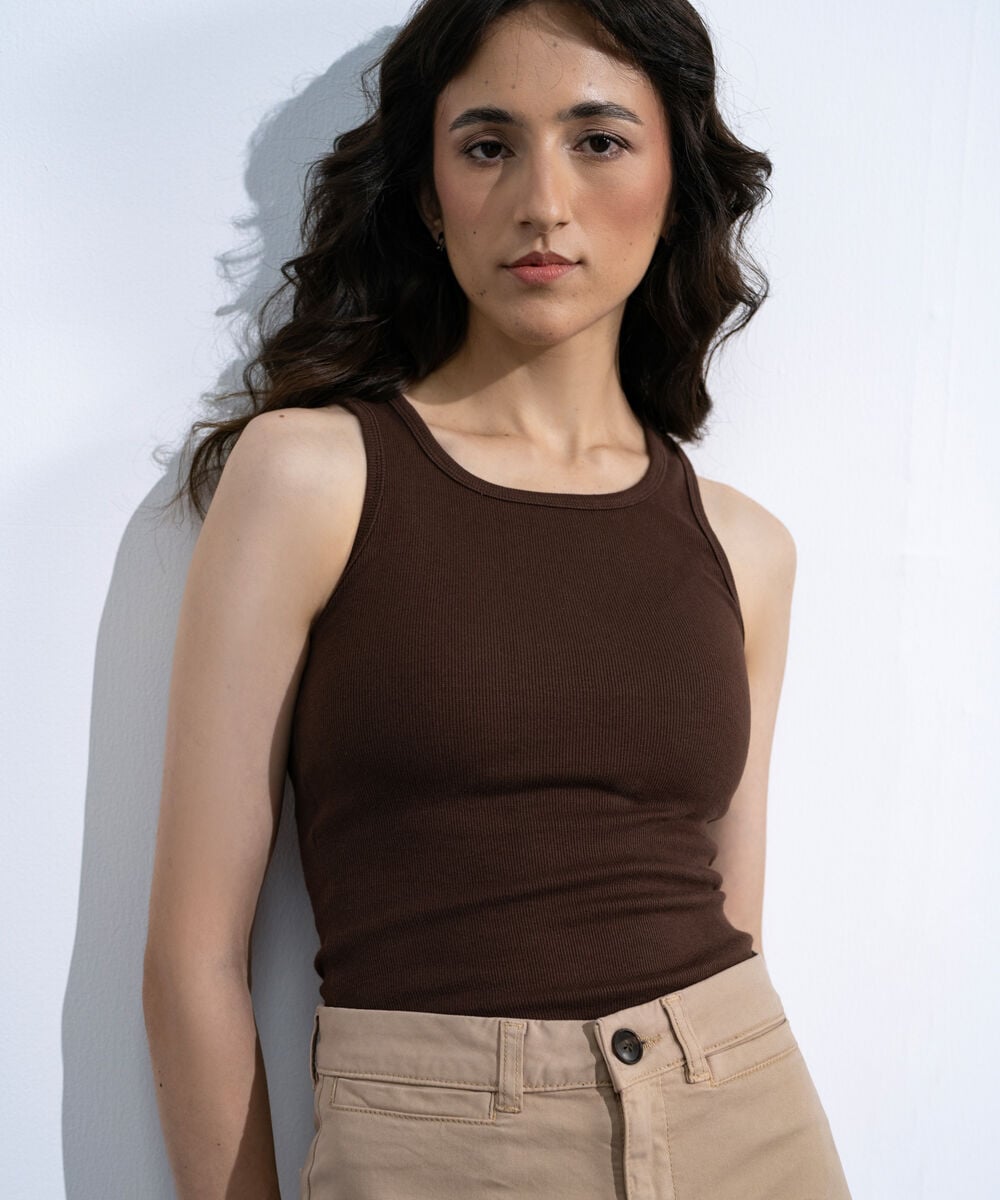 Women's Brown Ribbed Vest Top