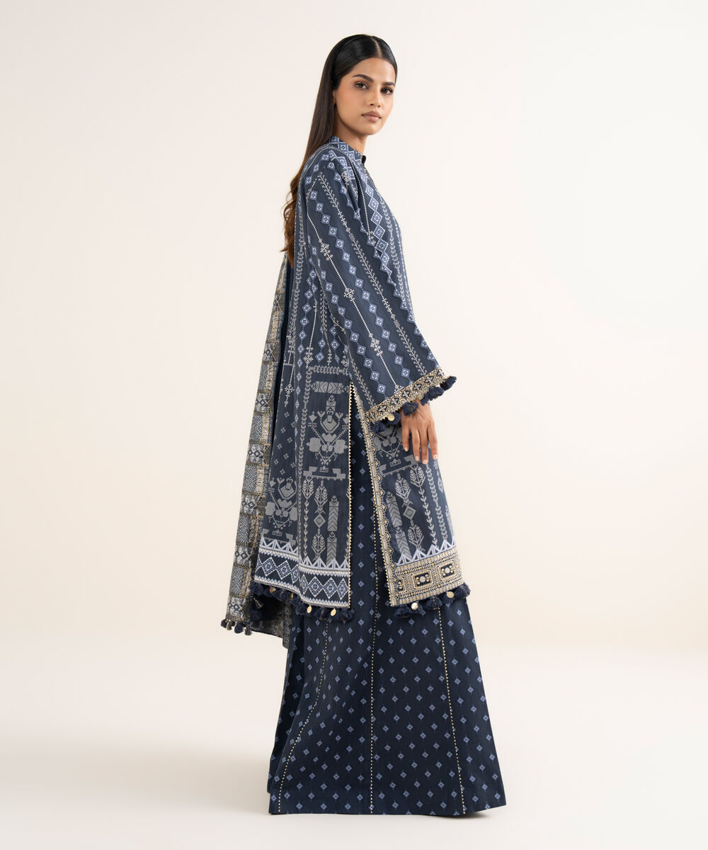 Women's Unstitched Fine Cotton Satin Embroidered Blue  3 Piece Suit