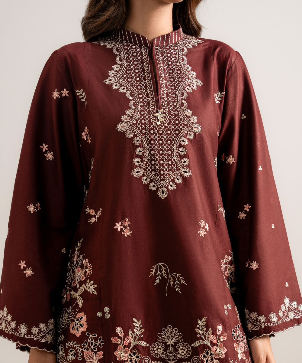 Women's Unstitched Embroidered Cotton Viscose Maroon 3 Piece Suit