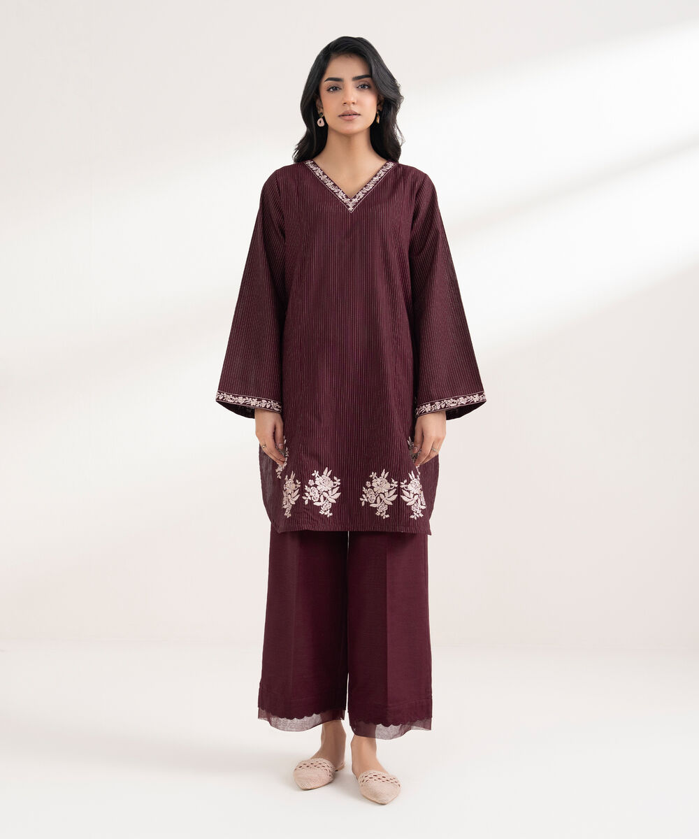 Women's RTW Light Khaddar Embroidered Maroon Straight Shirt