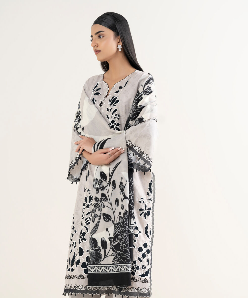 Women's Unstitched Embroidered Cotton Jacquard Light Gray 3 Piece Suit