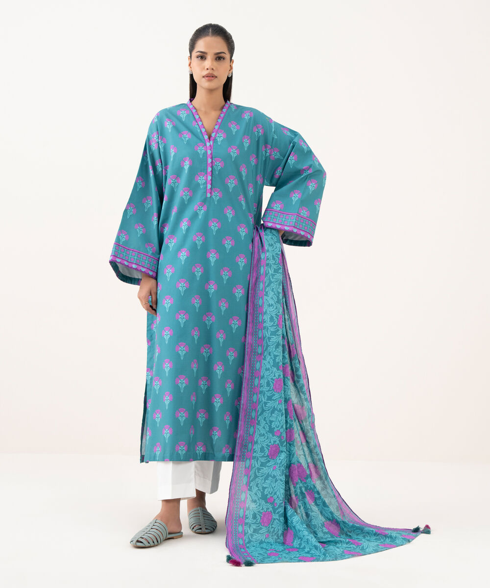 Women's Unstitched Cotton Printed Multi Two Piece Suit