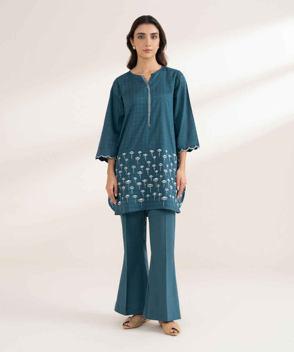 Women's RTW Textured Cotton Embroidered Straight Blue Shirt