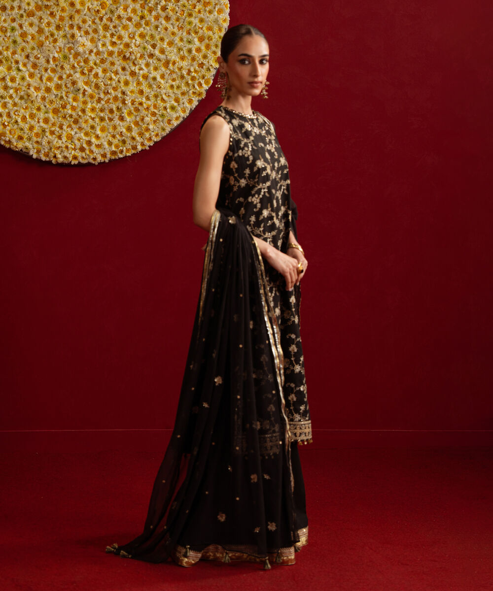 Women's Unstitched Textured Lawn Black Embroidered 3 Piece Suit