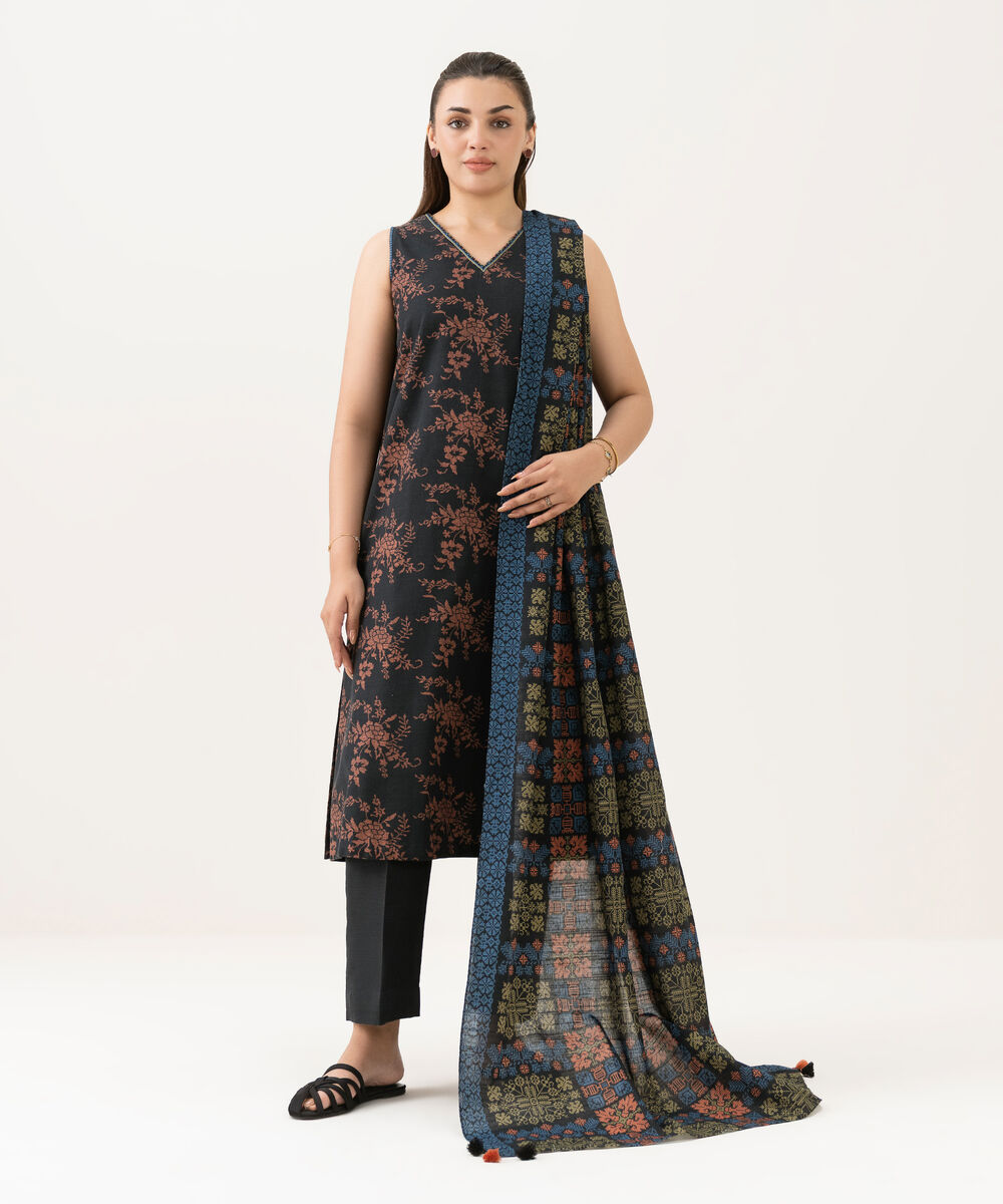 Women's Unstitched Light Khaddar Printed Black 3 Piece Suit