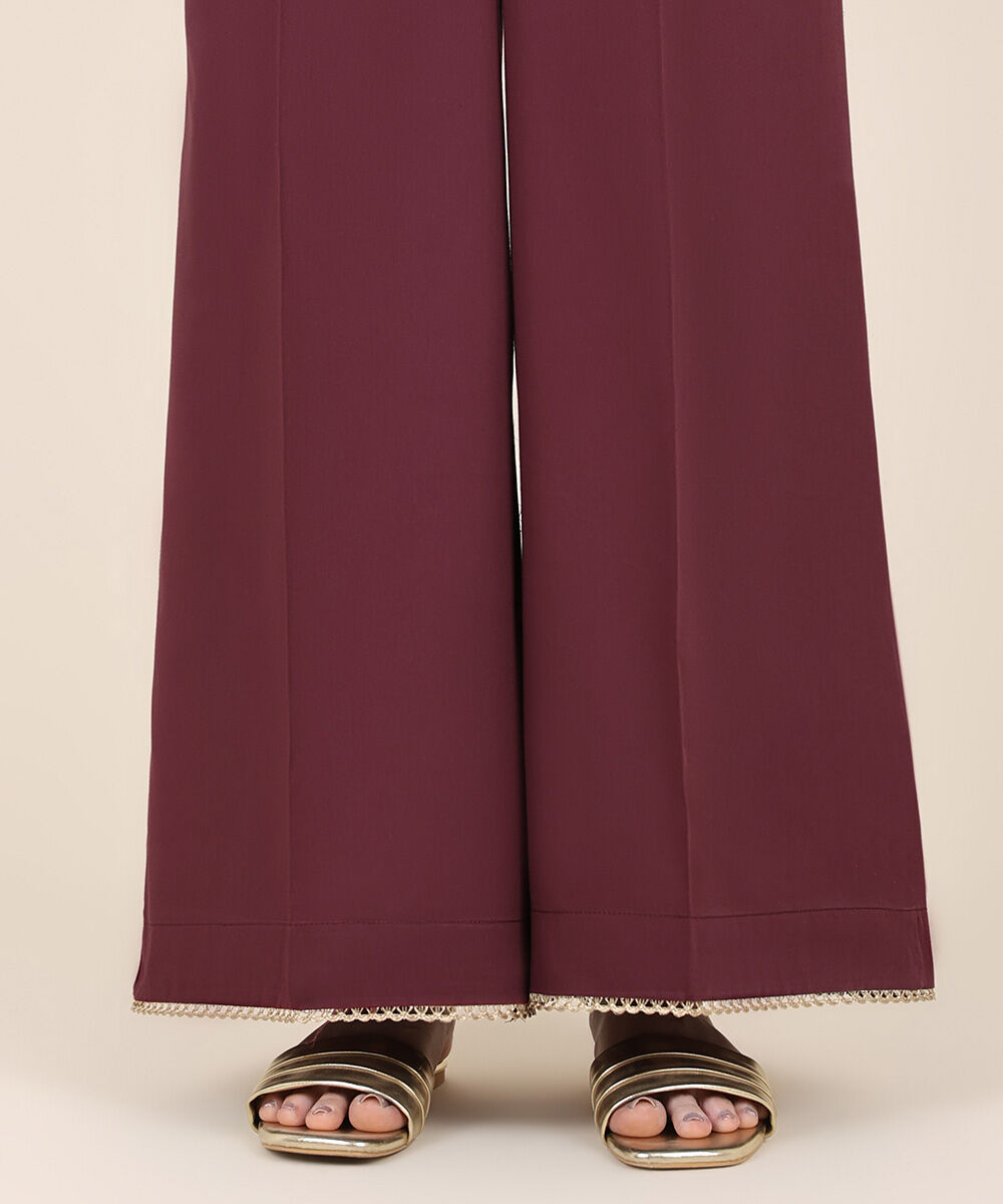 Women's RTW Cotton Satin Red Solid Flared Pants