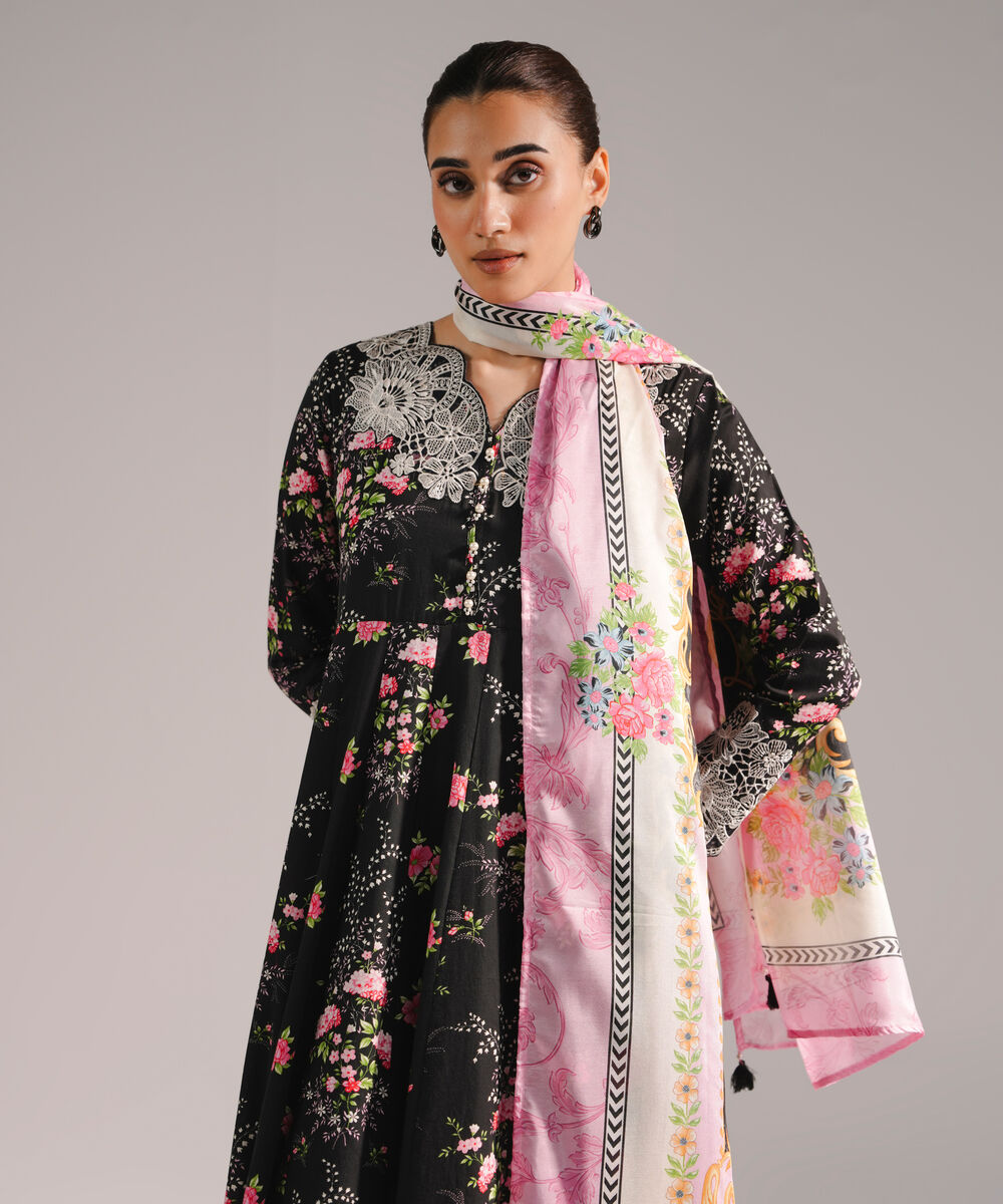 Women's RTW Cotton Satin Embroidered Black 3 Piece Suit