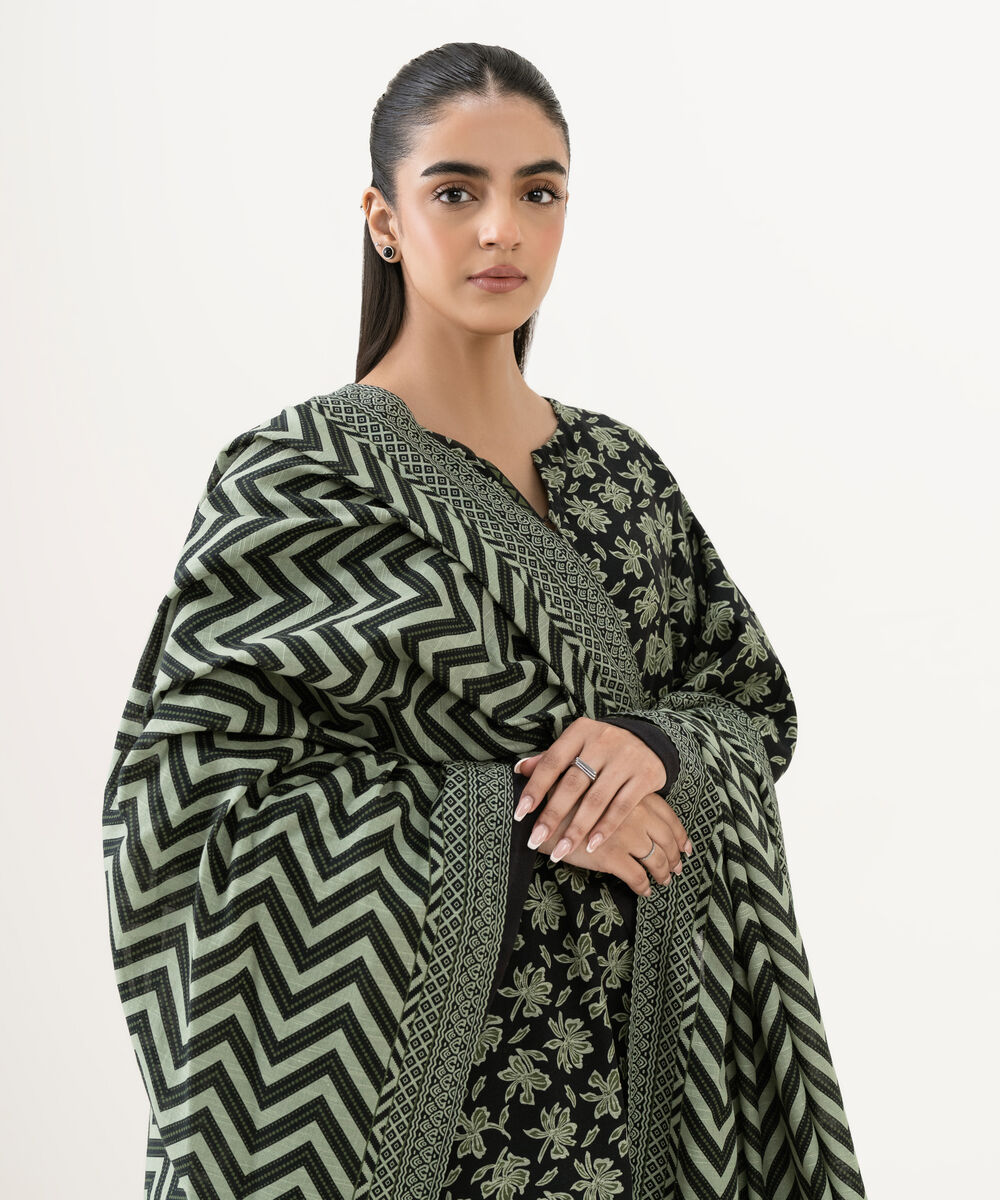 Women's Unstitched Cotton Printed Black 2 Piece Suit