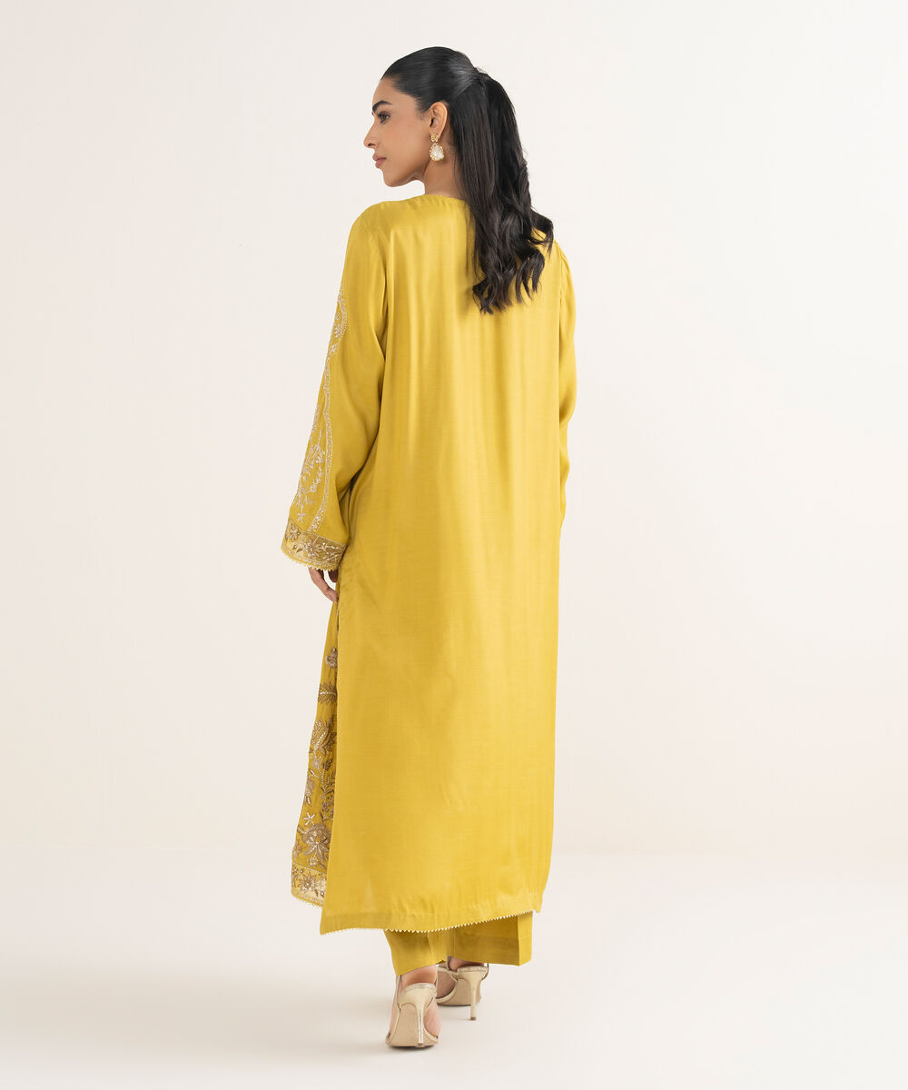 Women's RTW Viscose Raw Silk Embroidered Yellow 2 Piece Suit