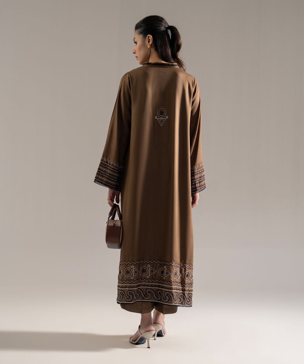 Women's RTW Bedford Solid Embroidered Brown Straight Shirt