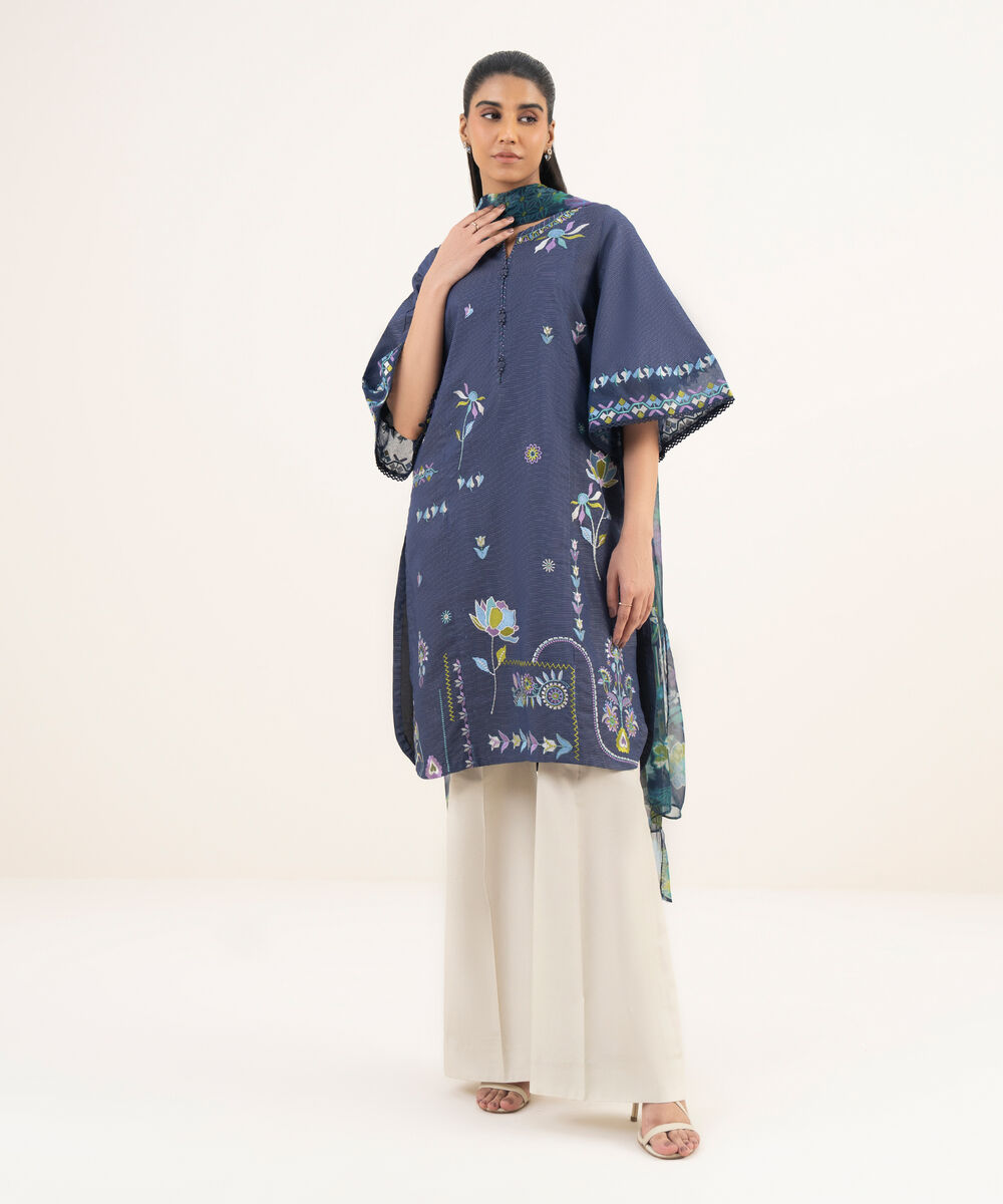 Women's Unstitched Lawn Embroidered Blue Two Piece Suit