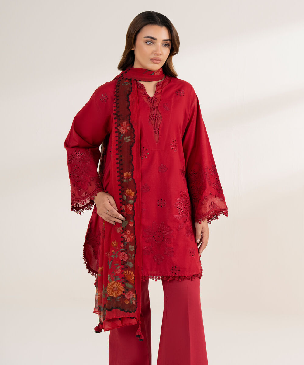 Women's Unstitched Cotton Embroidered Red 3 Piece Suit