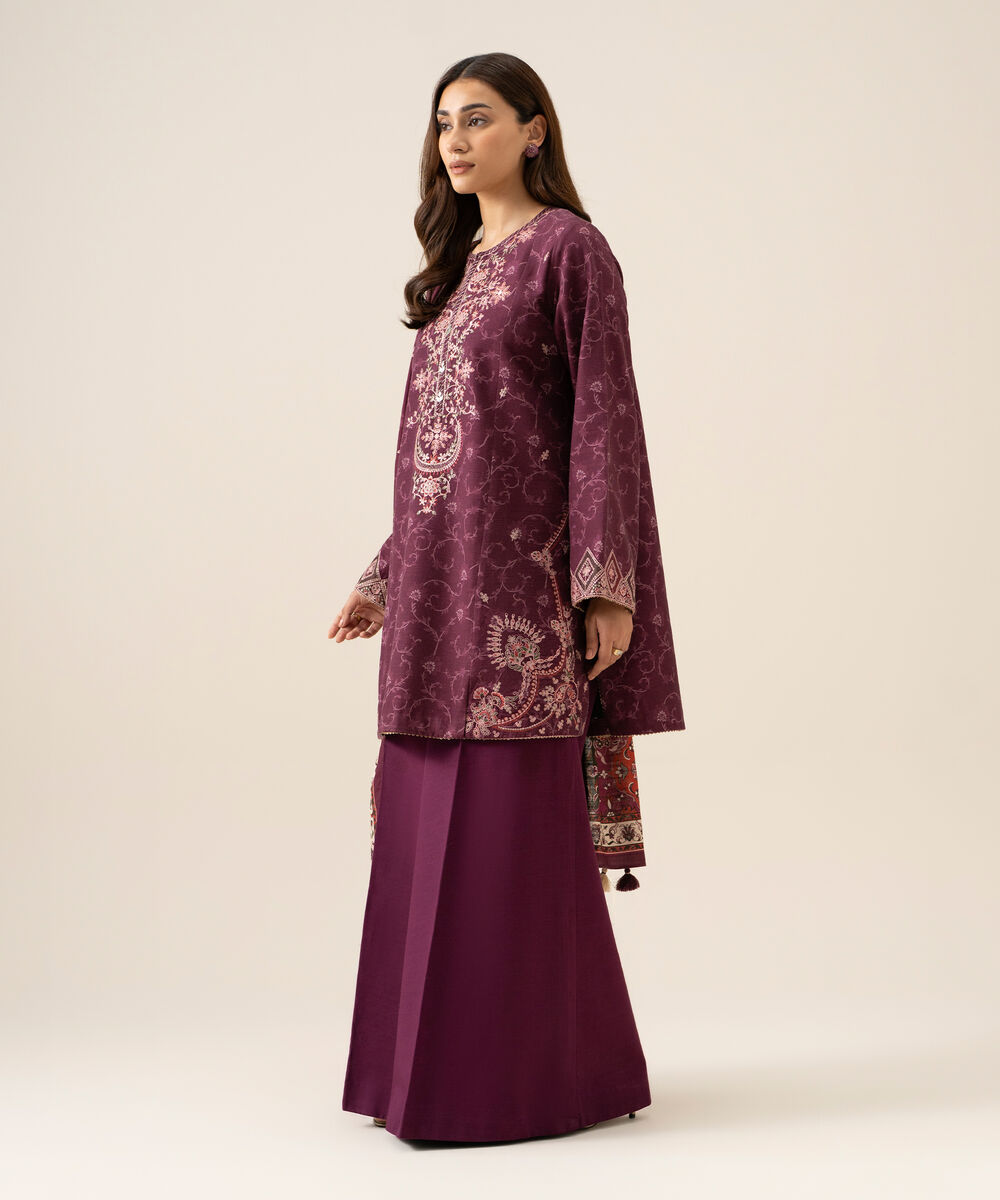 Women's Unstitched Light Khaddar Embroidered Plum 3 Piece Suit