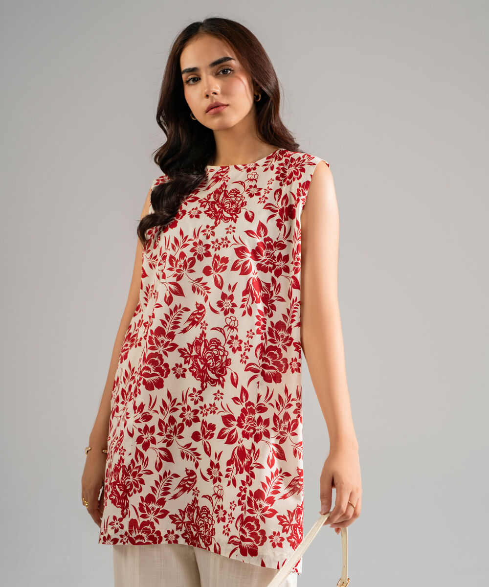 Women's RTW Slub Lawn Printed Cream White Straight Shirt