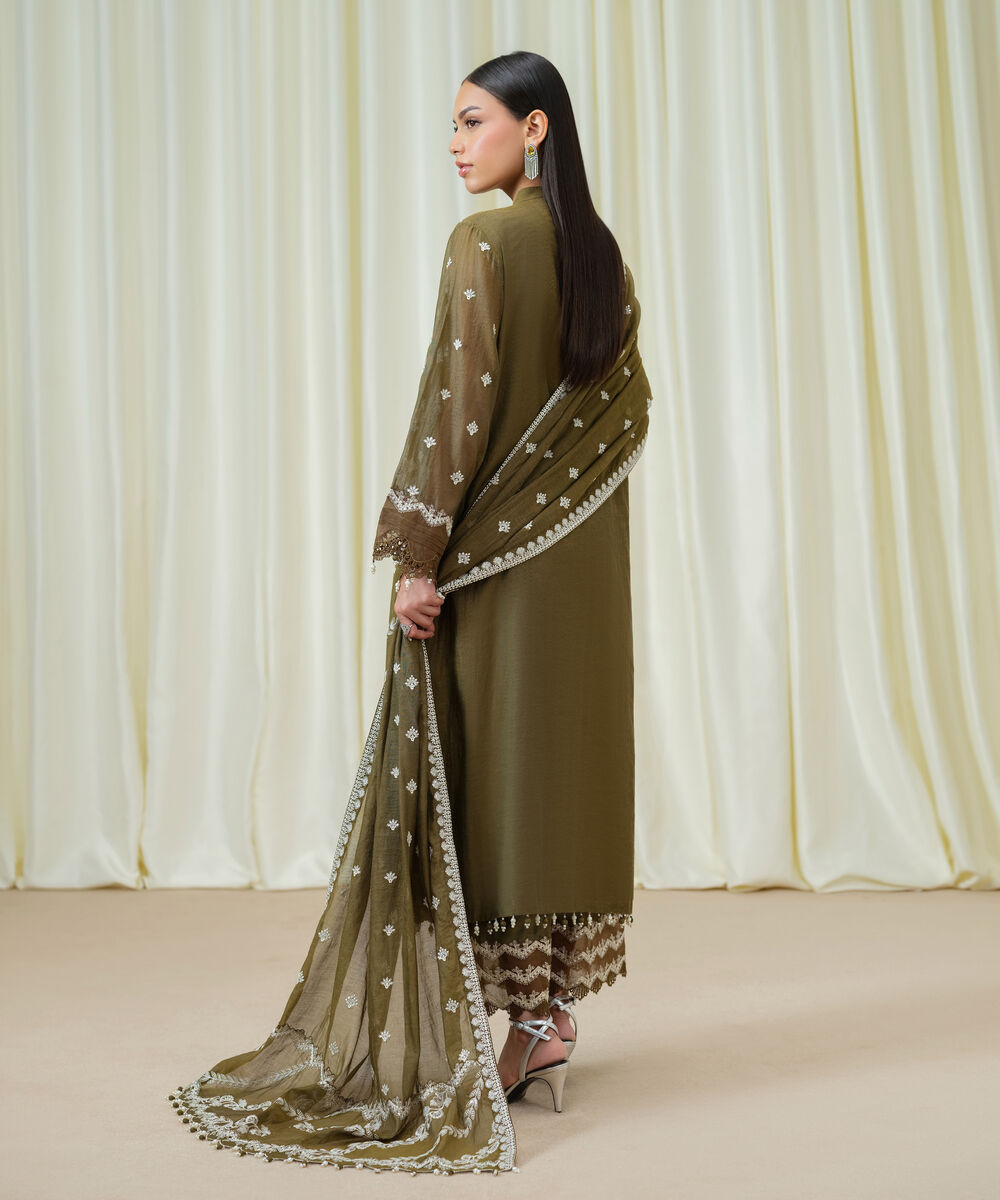 Women's Unstitched Blended Muslin Embroidered Green 3 Piece Suit