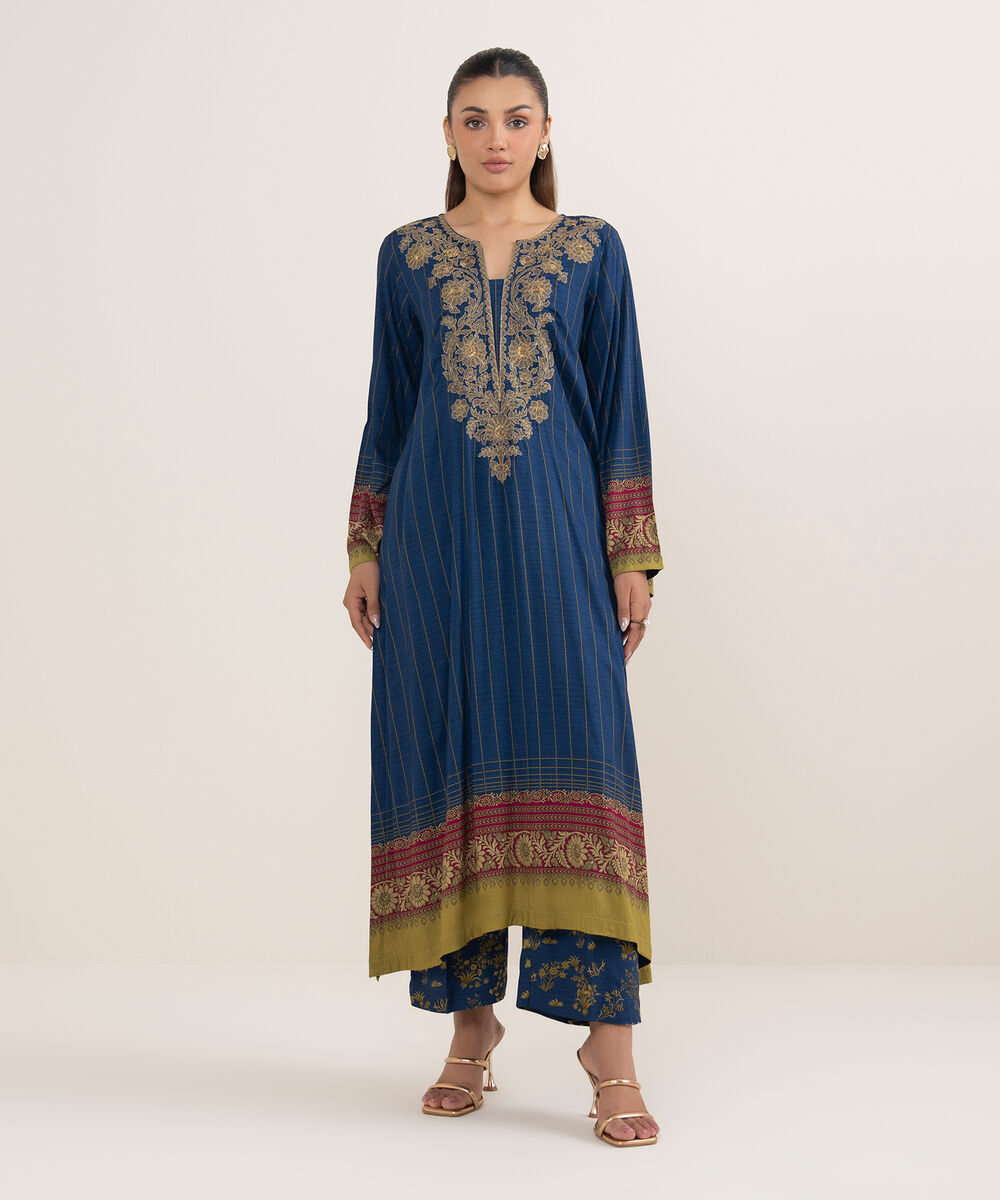 Women's RTW Arabic Lawn Blue Printed Aline Shirt