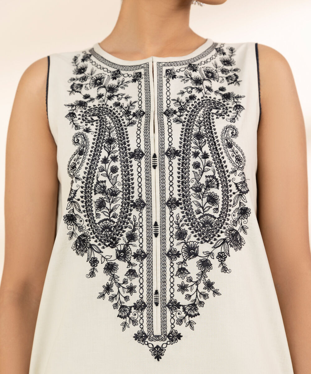 Women's Unstitched Lawn Embroidered Off White 3 Piece Suit