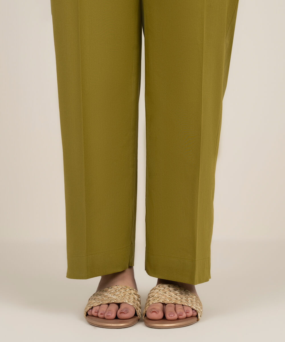 Women's RTW Cambric Solid Green Straight Pants