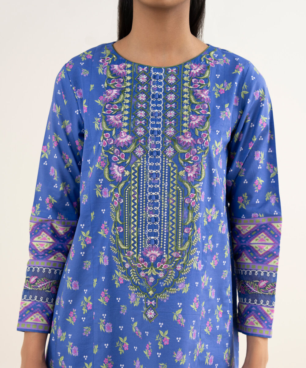 Women's Unstitched Textured Lawn Embroidered Blue 3 Piece Suit