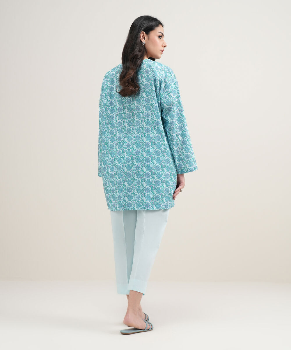 Women's RTW Slub Lawn Embroidered Blue Drop Shoulder Shirt
