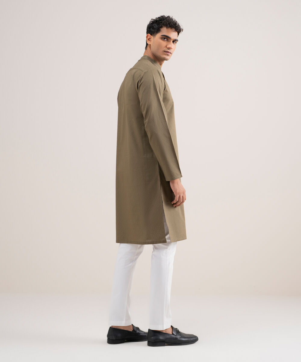 Men's Stitched Cotton Jacquard Olive Kurta
