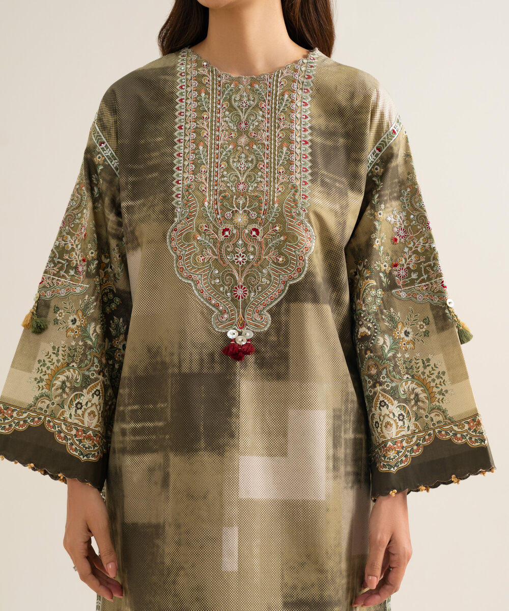 Women's Unstitched Blended Chiffon Printed Green 3 Piece Suit