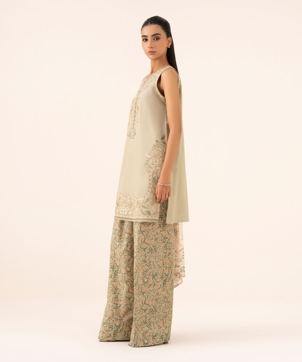 Women's Unstitched Cotton Viscose Embroidered Beige 3 Piece Suit