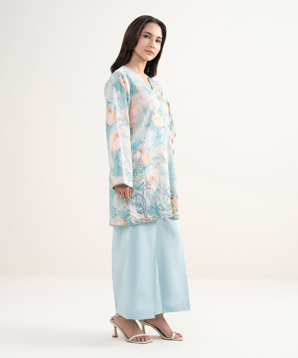 Women's RTW Lawn Embroidered Blue Straight Shirt