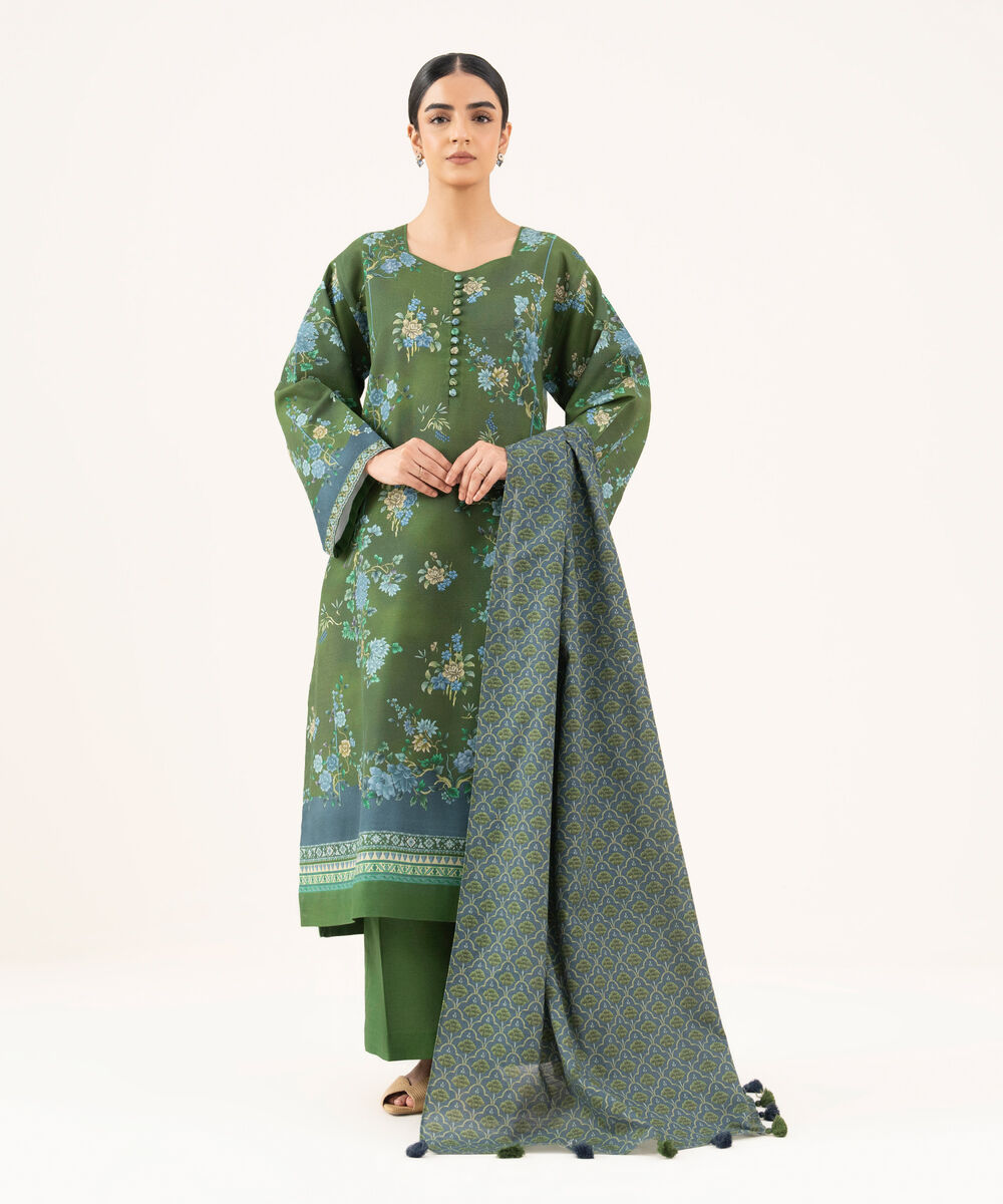 Women's Unstitched Cotton Printed Green 3 Piece Suit