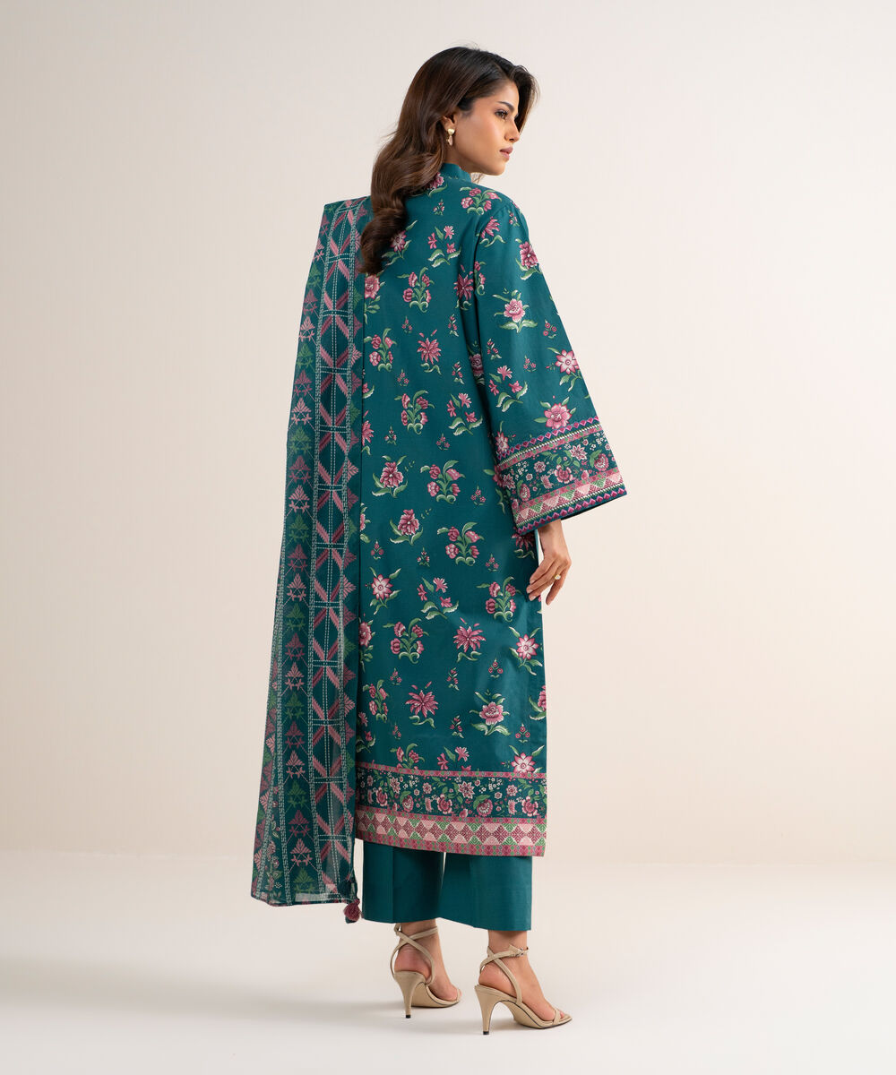 Women's Unstitched Cotton Embroidered Green 3 Piece Suit