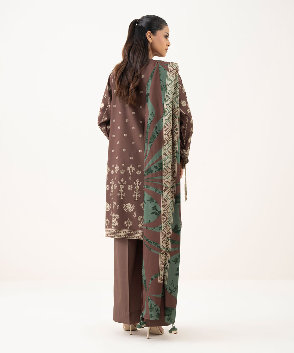 Women's Unstitched Linen Printed Brown 3 Piece Suit