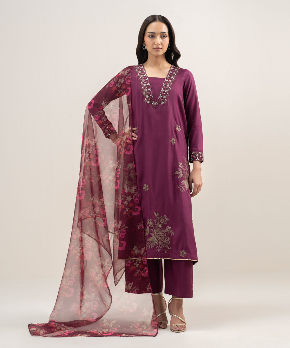 Women's RTW Viscose Raw Silk Embroidered Purple 3 Piece Suit