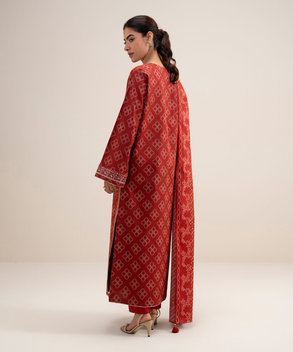 Women's Unstitched Lawn Embroidered Red 3 Piece Suit