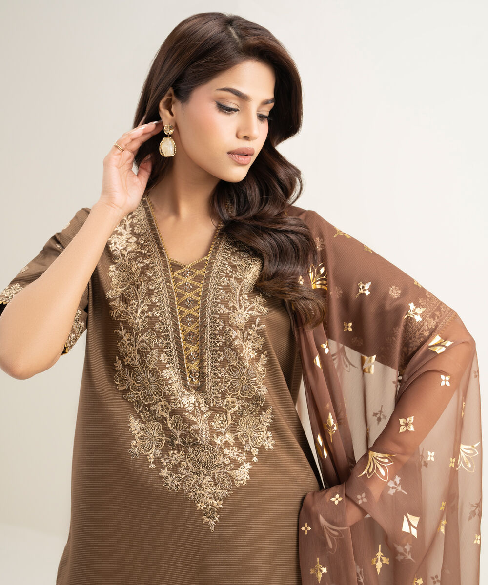 Women's Unstitched Zari Lawn Embroidered Brown 3 Piece Suit