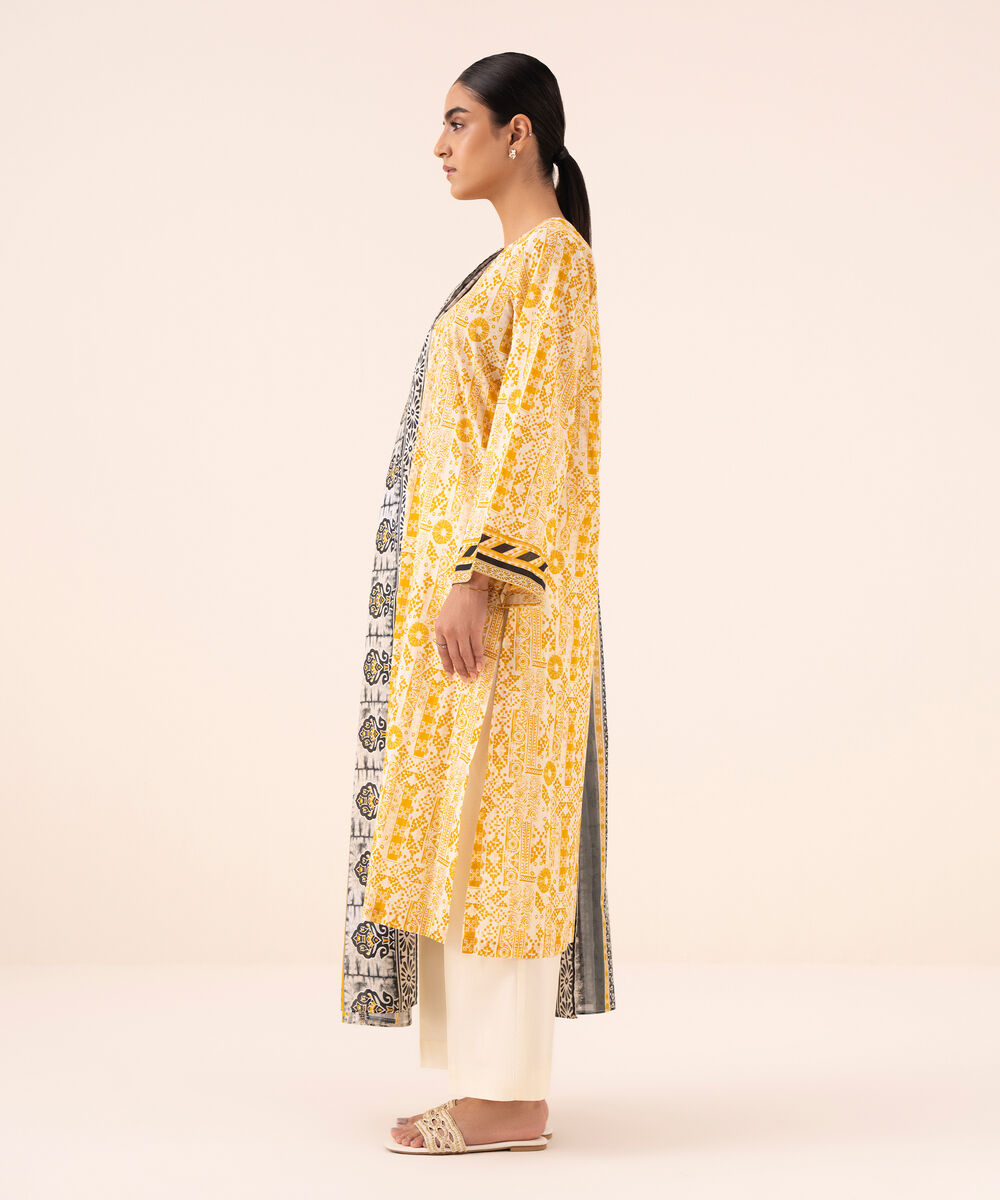 Women's Unstitched Cotton Printed Mustard Three Piece Suit