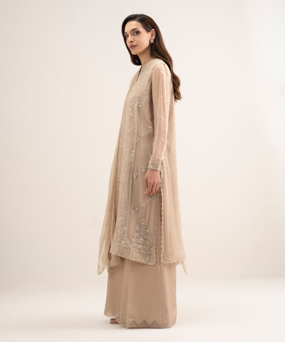 Women's Unstitched Blended Chiffon Embroidered Beige 3 Piece Suit