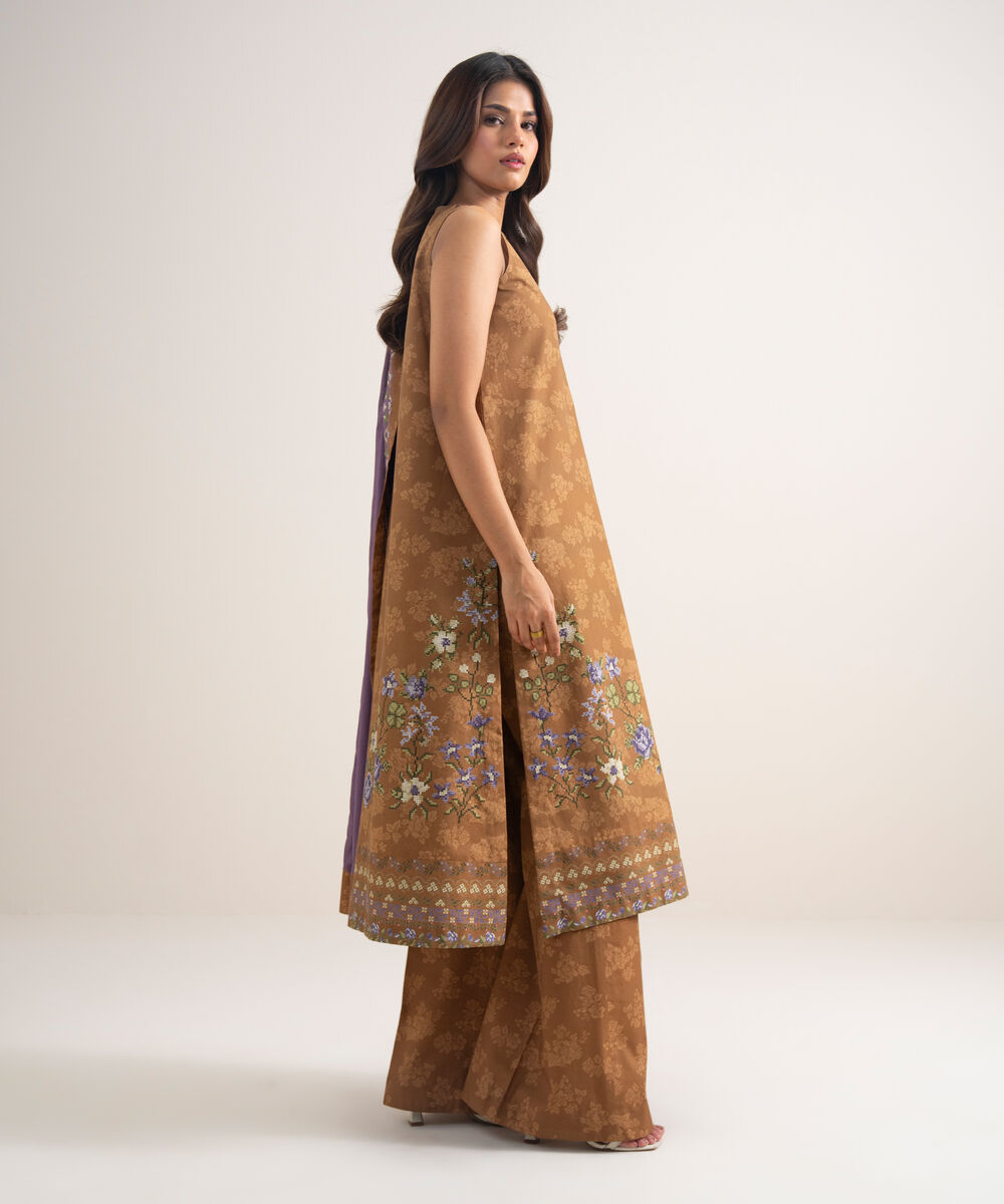 Women's Unstitched Cotton Embroidered Brown