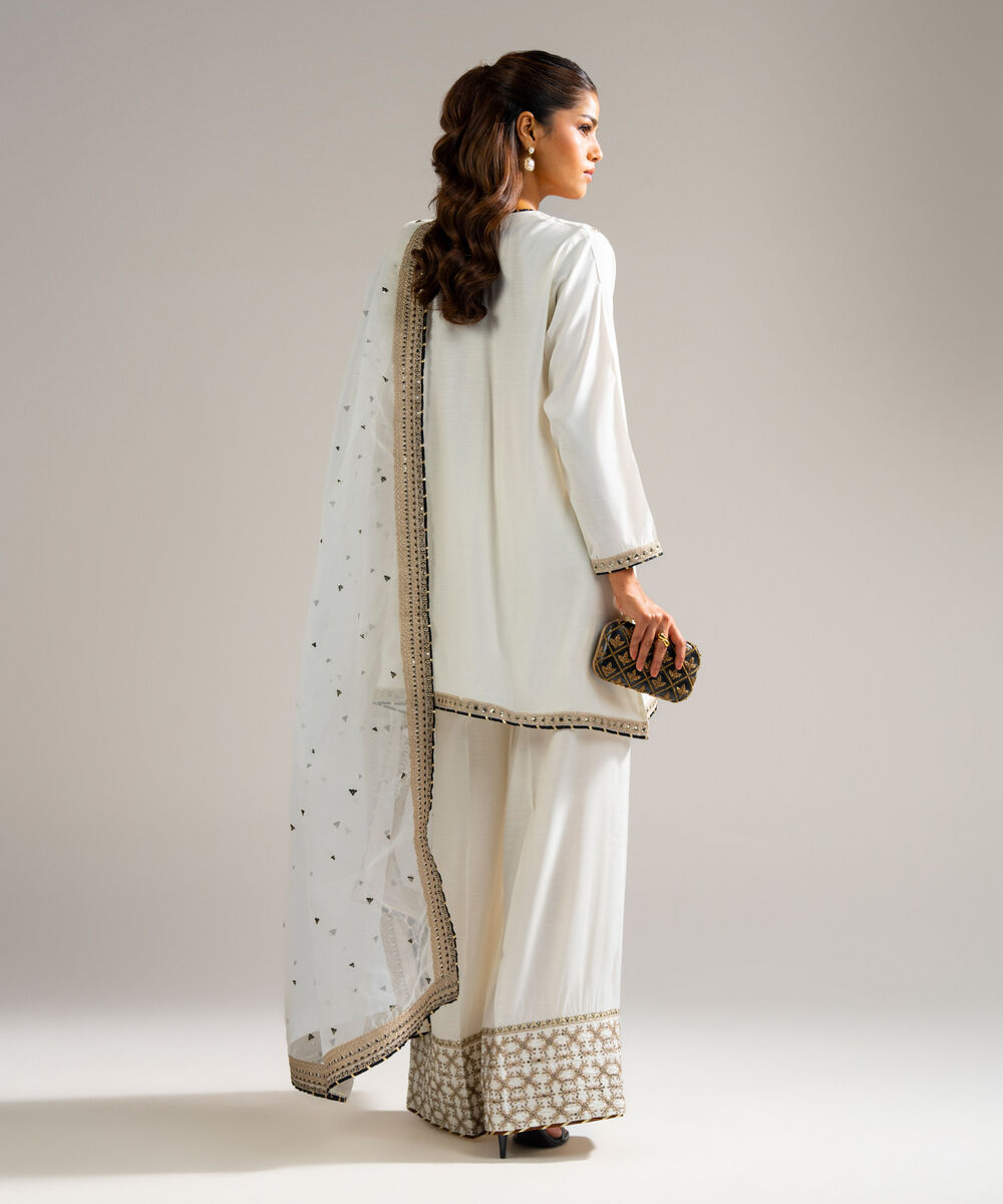 Women's RTW Raw Silk Embroidered White 3 Piece Suit