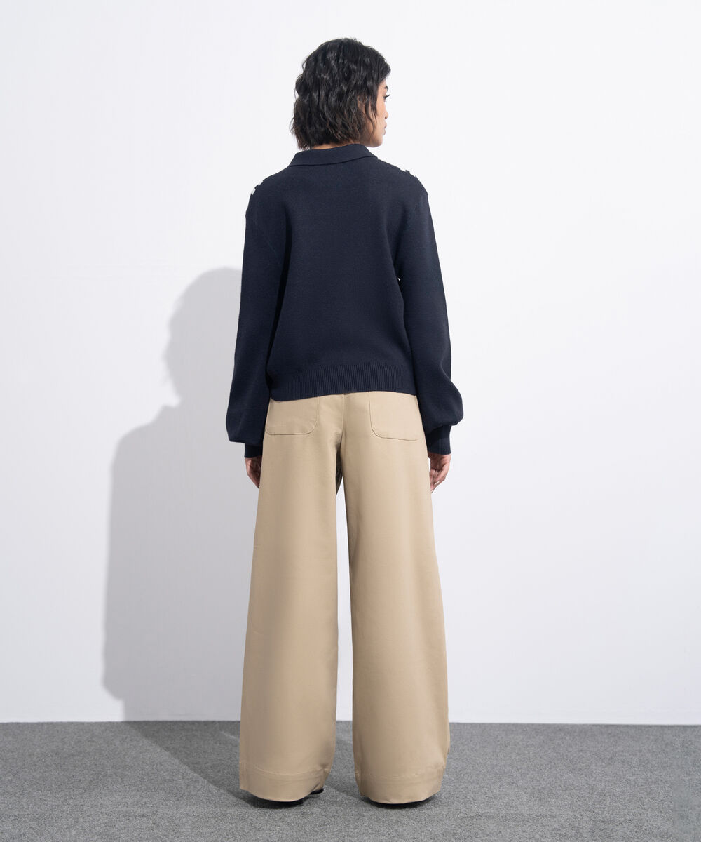 Women's Western Wear Blue Striped Polo Knit Sweater