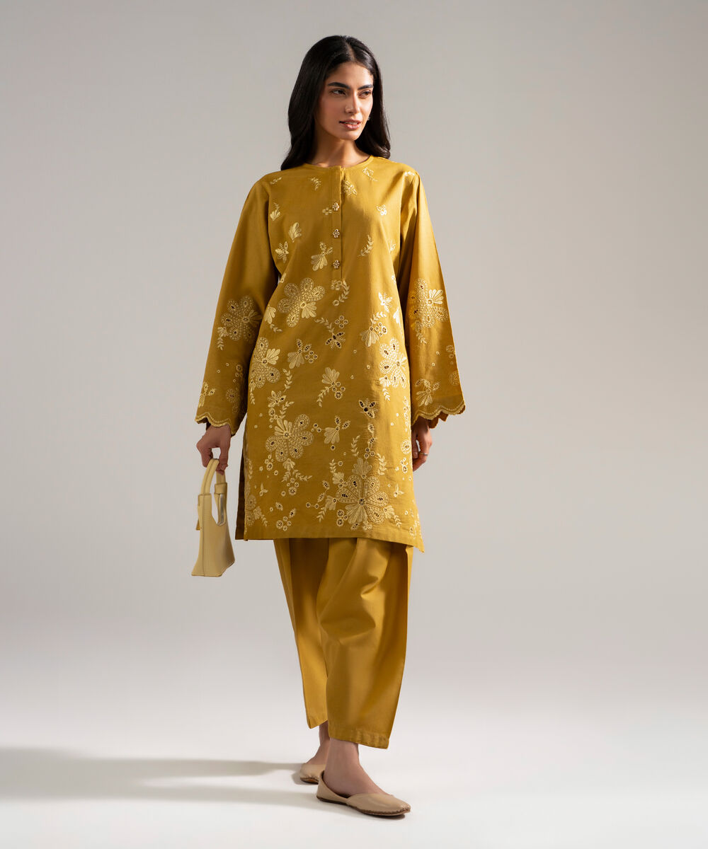 Women's RTW Self Jacquard Embroidered Yellow 2 Piece Suit