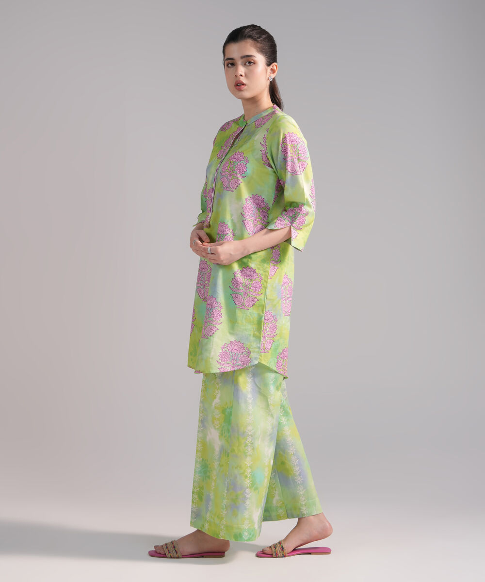 Women's RTW Slub Lawn Printed Bright Green Straight Shirt