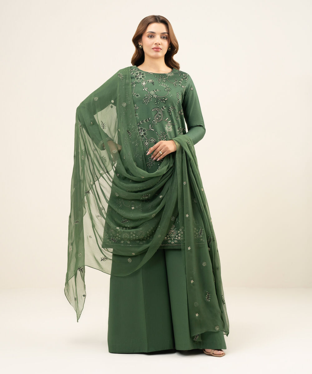 Women's Unstitched Textured Lawn Green Embroidered 3 Piece Suit